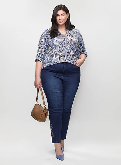 Balloon Sleeve Paisley Top & Embellished Hem Jeans