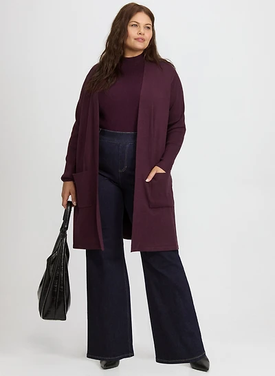 Cardigan ouvert style tunique et jean à enfiler à jambe semi-évasée