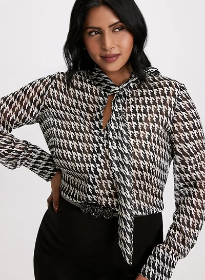 Houndstooth Print Chiffon Blouse