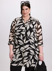 Leaf Print Button-Down Tunic Blouse