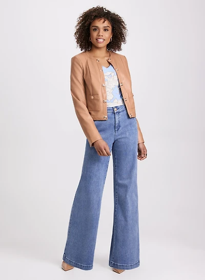 Decorative Button Front Vegan Leather Jacket & Faded Wide-Leg Jeans