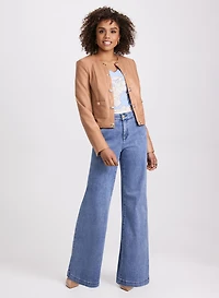 Decorative Button Front Vegan Leather Jacket & Faded Wide-Leg Jeans