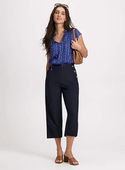 Smocked Polka Dot Blouse & Wide Leg Linen-Blend Capris