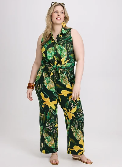 Palm Print Blouse & Wide-Leg Pants