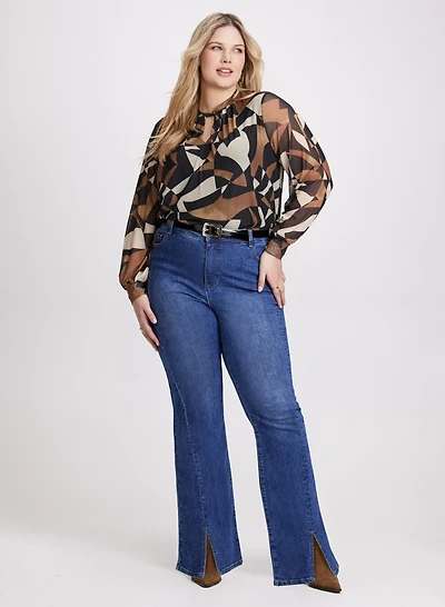 Geometric Twist-Neck Top & High Rise Flared-Leg Jeans