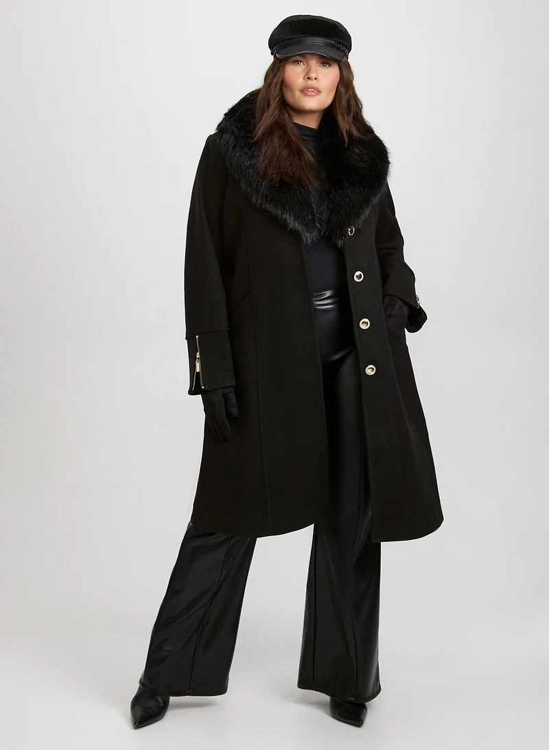 Faux-Fur Collar Coat & Vegan Leather Flare-Leg Pants