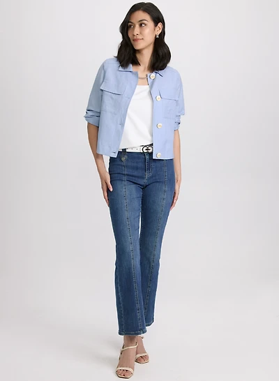 Veste courte en mélange de lin et jean à jambe évasée