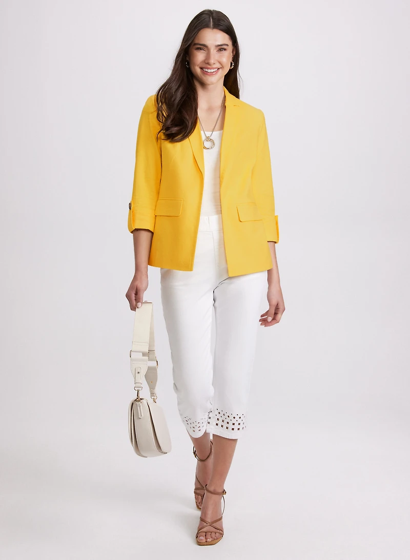 Linen-Blend Blazer & Perforated Denim Capris