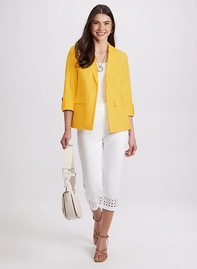 Linen-Blend Blazer & Perforated Denim Capris