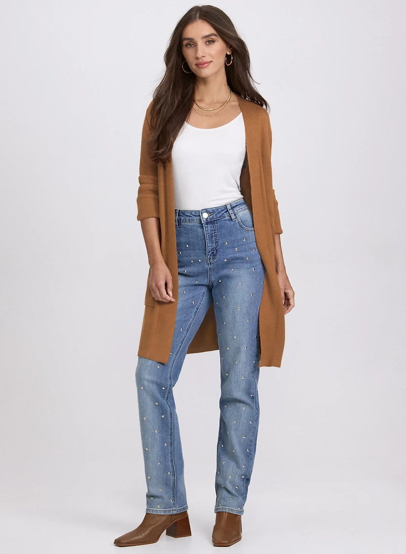 Open Knit Cardigan & Studded Straight-Leg Jeans