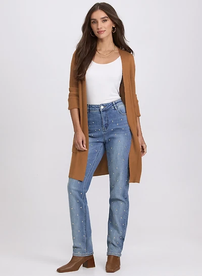 Open Knit Cardigan & Studded Straight-Leg Jeans