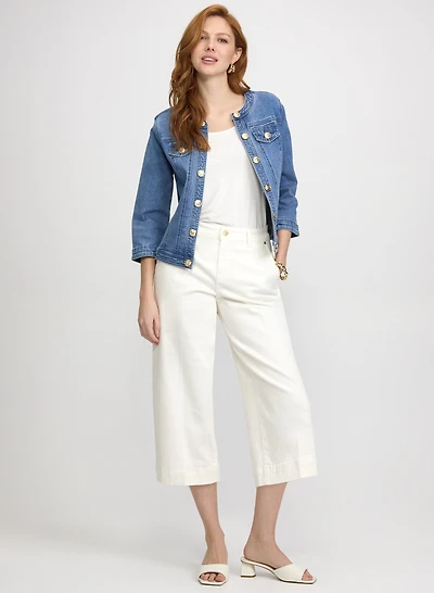 Decorative Button-Front Denim Jacket & Scarf Detail Denim Capris