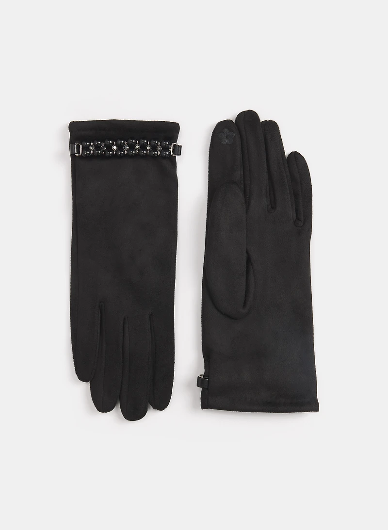 Pearl Embellished Faux Suede Gloves