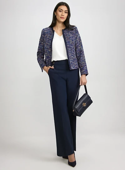 Veste sans col en tweed et pantalon à taille élastique