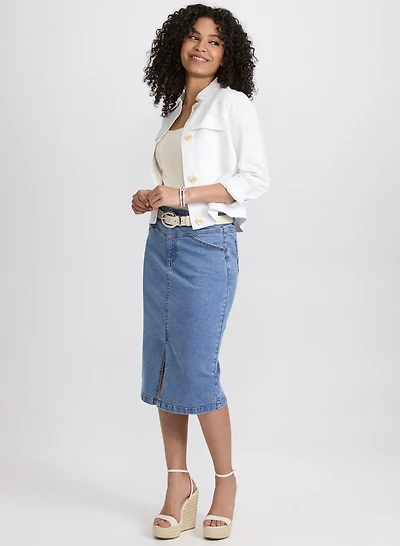 Veste courte en mélange de lin et jupe midi en denim
