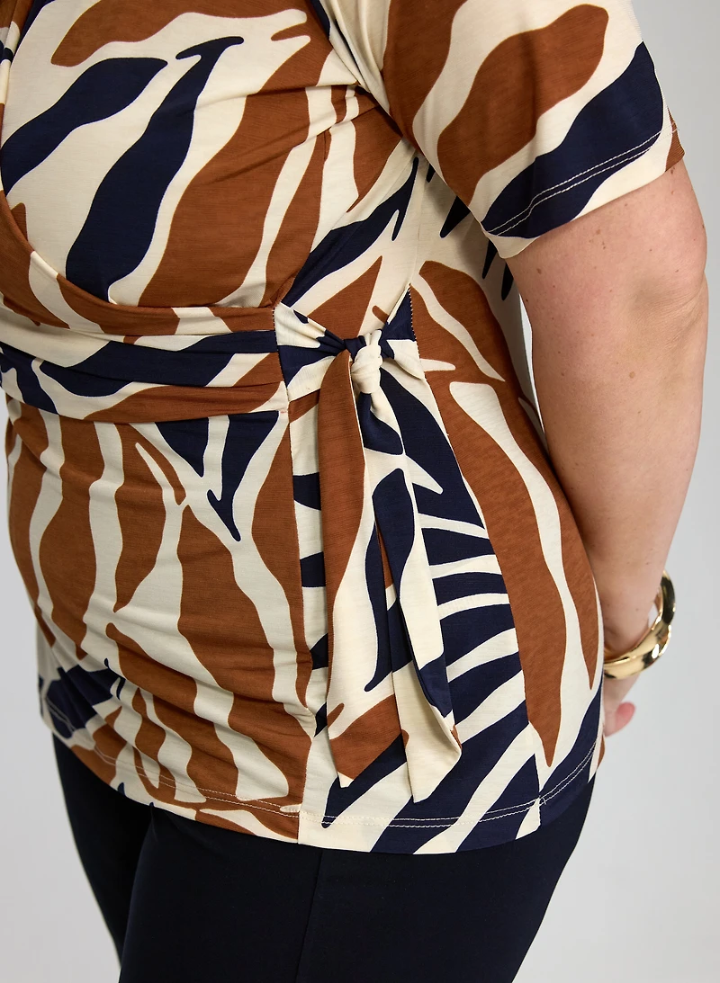 Leaf Print Wrap-Style Top