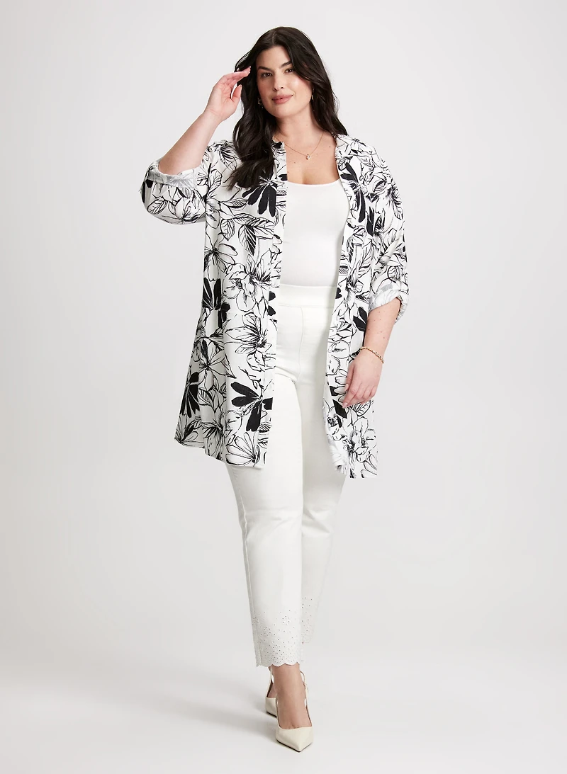 Blouse fleurie en mélange de lin et jean à ourlet festonné