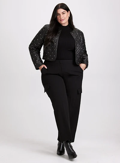 Studded Vegan Leather Jacket & High Rise Flared Leg Jeans