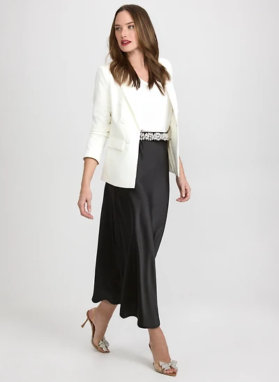 Peaked Lapel Blazer & Satin Bias Cut Skirt