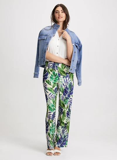 Short Denim Jacket & Palm Print Pants