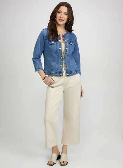 Decorative Button-Front Denim Jacket & Denim Capris