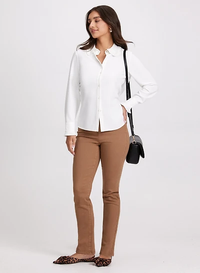 Pleated Button-Up Blouse & Straight Leg Jeans