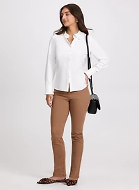 Pleated Button-Up Blouse & Straight Leg Jeans