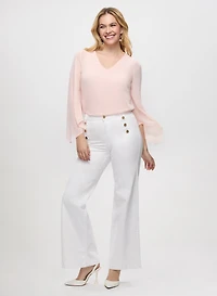 Flared Sleeve Chiffon Blouse & Button Detail Wide Leg Jeans