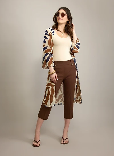 Blouse kimono à motif de feuille et capri à enfiler en bengaline