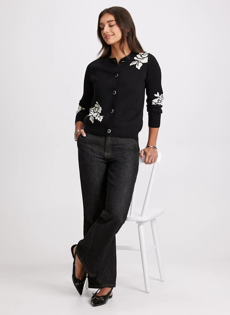 Button-Up Cardigan & Flare Leg Jeans