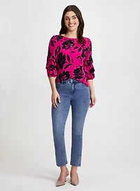 Pinched Sleeve Floral Print Top & Button Hem Jeans