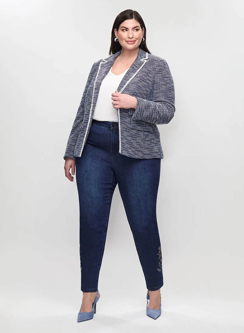 Tweed Single Button Jacket & Embellished Hem Jeans