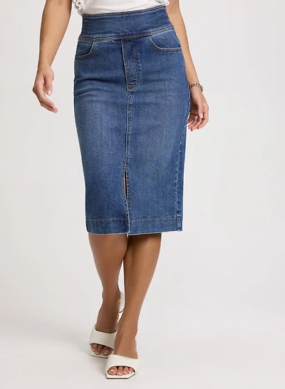 Slit-Hem Denim Midi Skirt