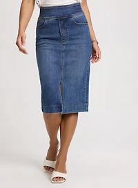 Slit-Hem Denim Midi Skirt