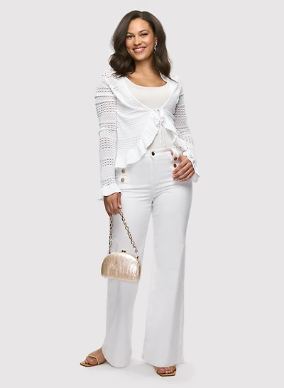 Pointelle Bell Sleeve Cardigan & Button Detail Wide Leg Jeans