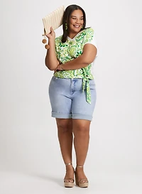 Tie Detail Top & Denim Bermuda Shorts