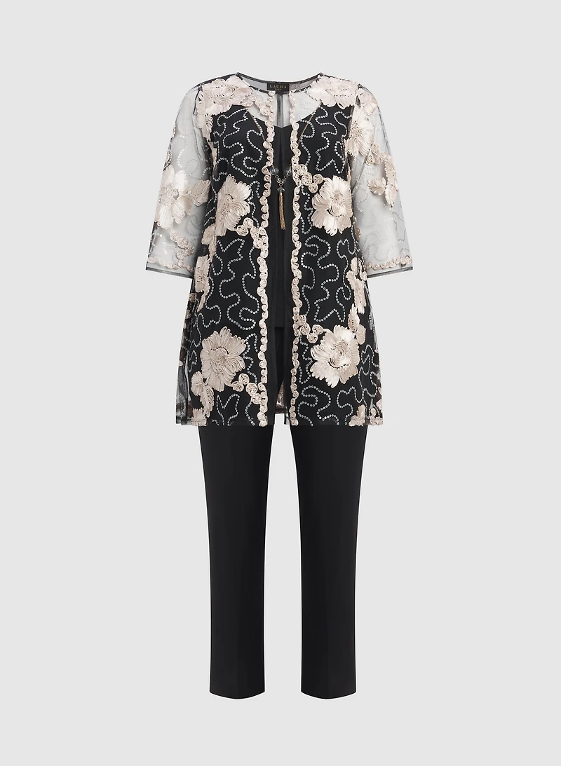 Floral Embroidered Jacket, Top & Pants Set