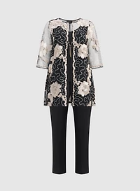 Floral Embroidered Jacket, Top & Pants Set
