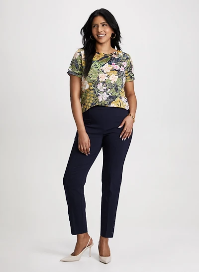 Openwork Floral Top & Slim Pull-On Ankle Pants