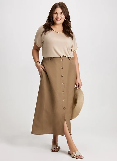 V-Neck Tee With Beaded Trim & Long Button-Front Skirt