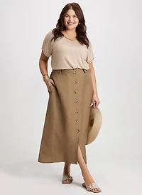 V-Neck Tee With Beaded Trim & Long Button-Front Skirt