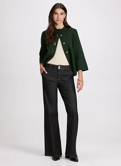 Mock Neck Button-Up Cardigan & Flare Leg Jeans
