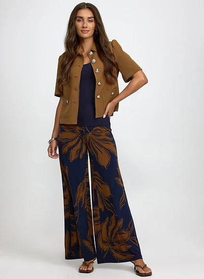 Twill Short Sleeve Jacket & Floral Wide-Leg Pants