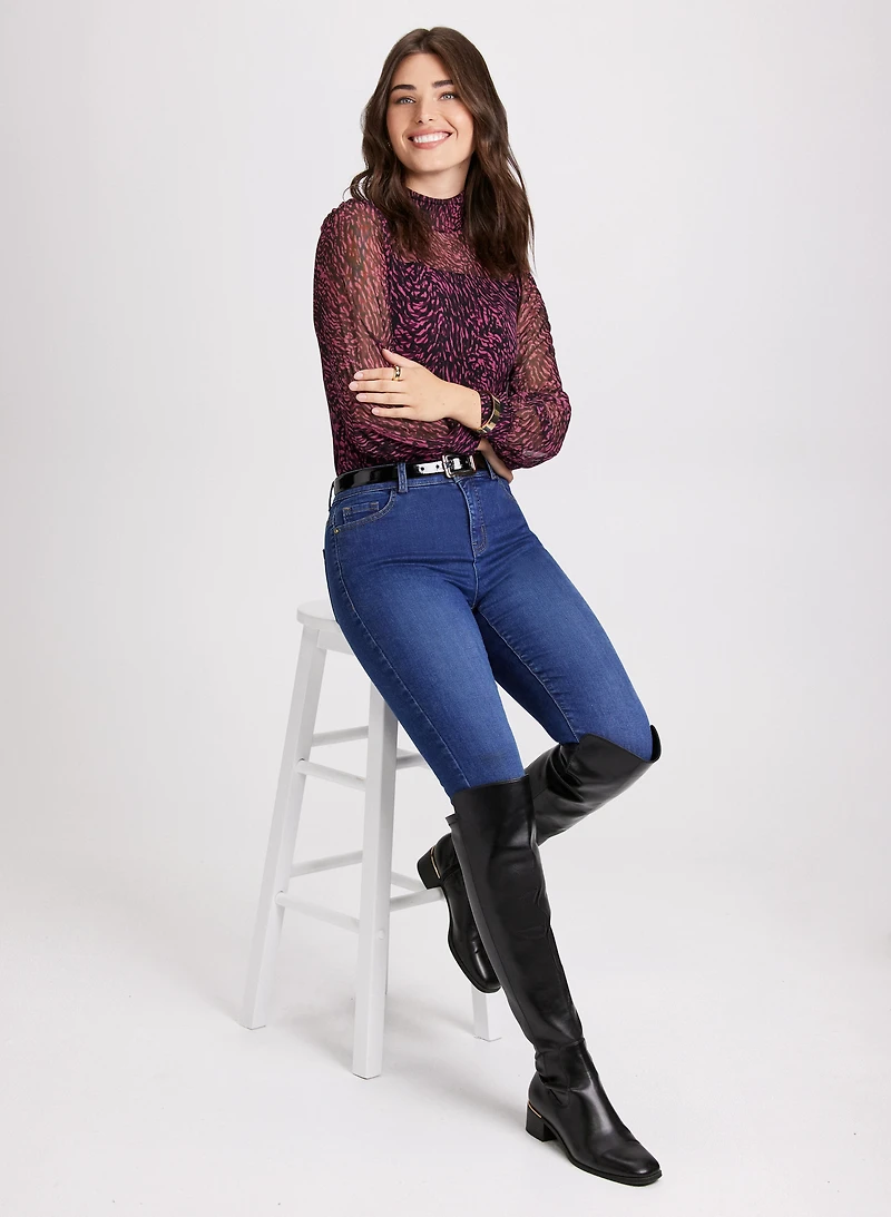 Animal Print Mesh Top & Slim Leg Jeans