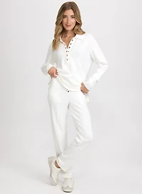 Grommet Placket Top & Pull-On Straight-Leg Pants