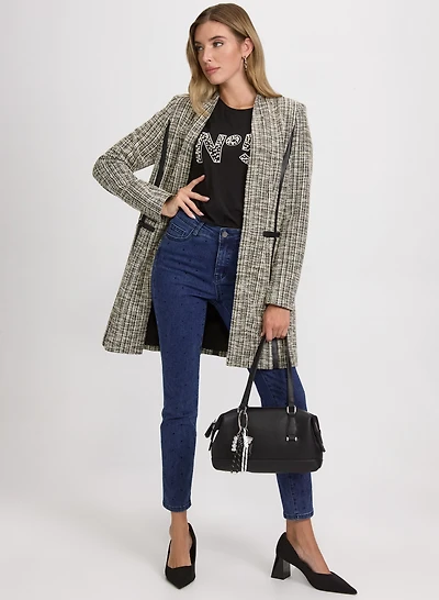 Tweed Open-Front Coat & Rhinestone Embellished Jeans