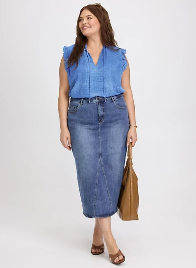 Snake Print Chiffon Blouse & Denim Midi Skirt