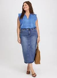 Snake Print Chiffon Blouse & Denim Midi Skirt