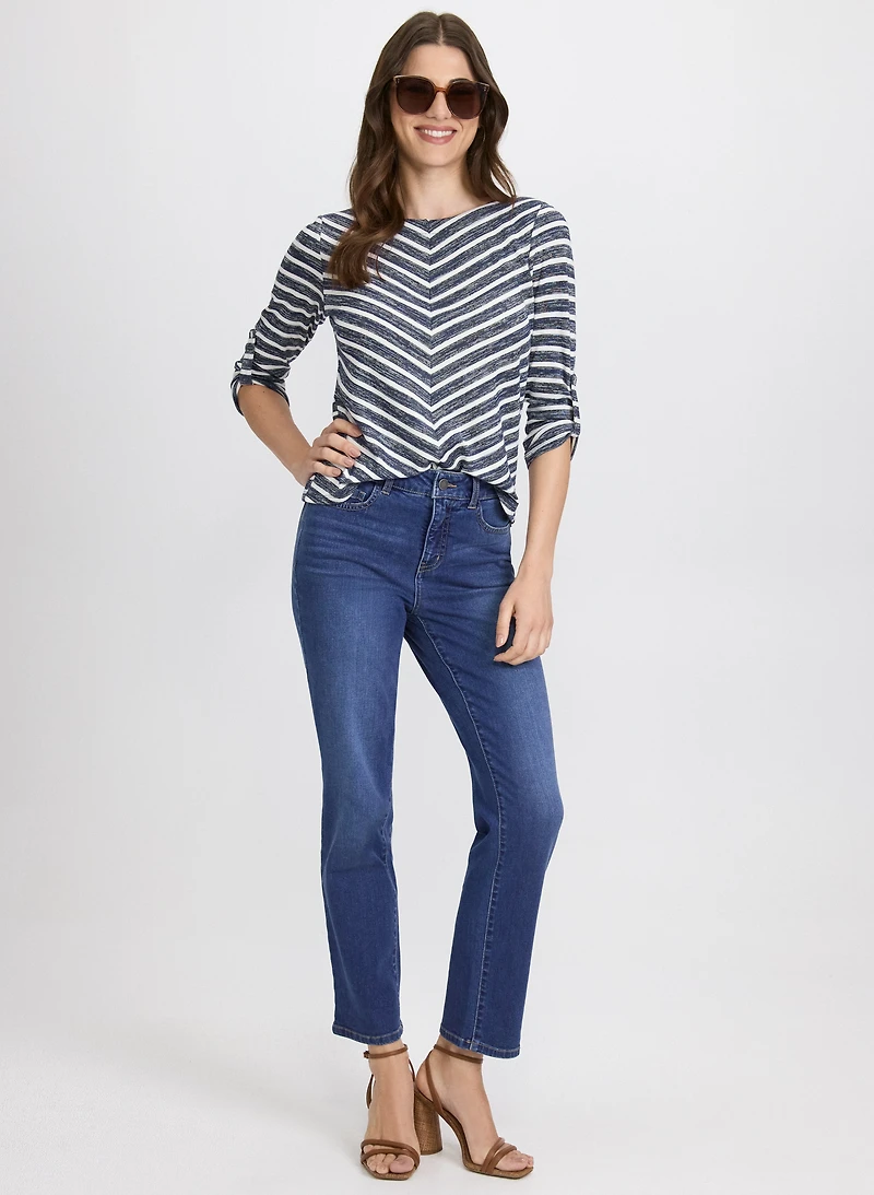 Stripe 3/4 Sleeve Top & Straight-Leg Jeans