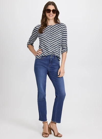 Stripe 3/4 Sleeve Top & Straight-Leg Jeans